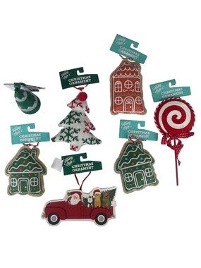 Set Of 7 Holiday Style Christmas Ornaments Trees Houses Stars